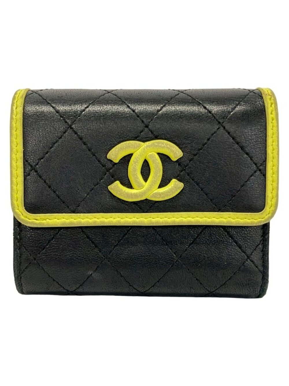 Chanel Trifold Wallet Quilted Black Yellow Lambskin